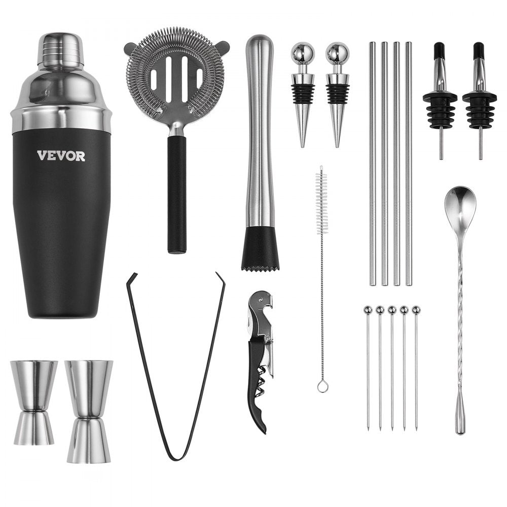 VEVOR Cocktail Shaker Set 23 Pcs Bartender Kit Stainless Steel Bar Tools Silver