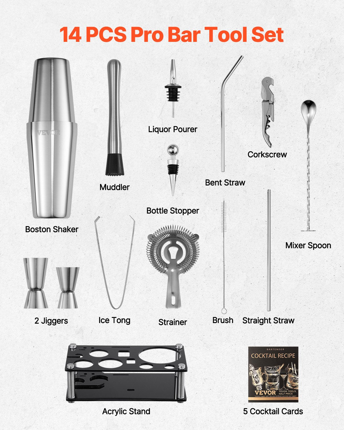 Cocktail Shaker Set, 14-Piece Stainless Steel Bar Tools with Acrylic Stand, Boston Bartender Kit Accessories | Mixer Spoon, Muddler, Jiggers, Strainer, Liquor Pourer, Ice Tong, Corkscrew, Silver