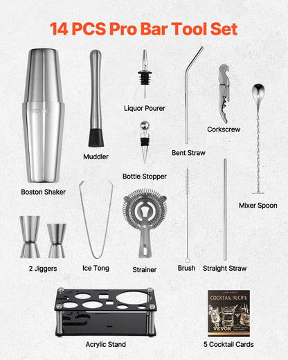 Cocktail Shaker Set, 14-Piece Stainless Steel Bar Tools with Acrylic Stand, Boston Bartender Kit Accessories | Mixer Spoon, Muddler, Jiggers, Strainer, Liquor Pourer, Ice Tong, Corkscrew, Silver