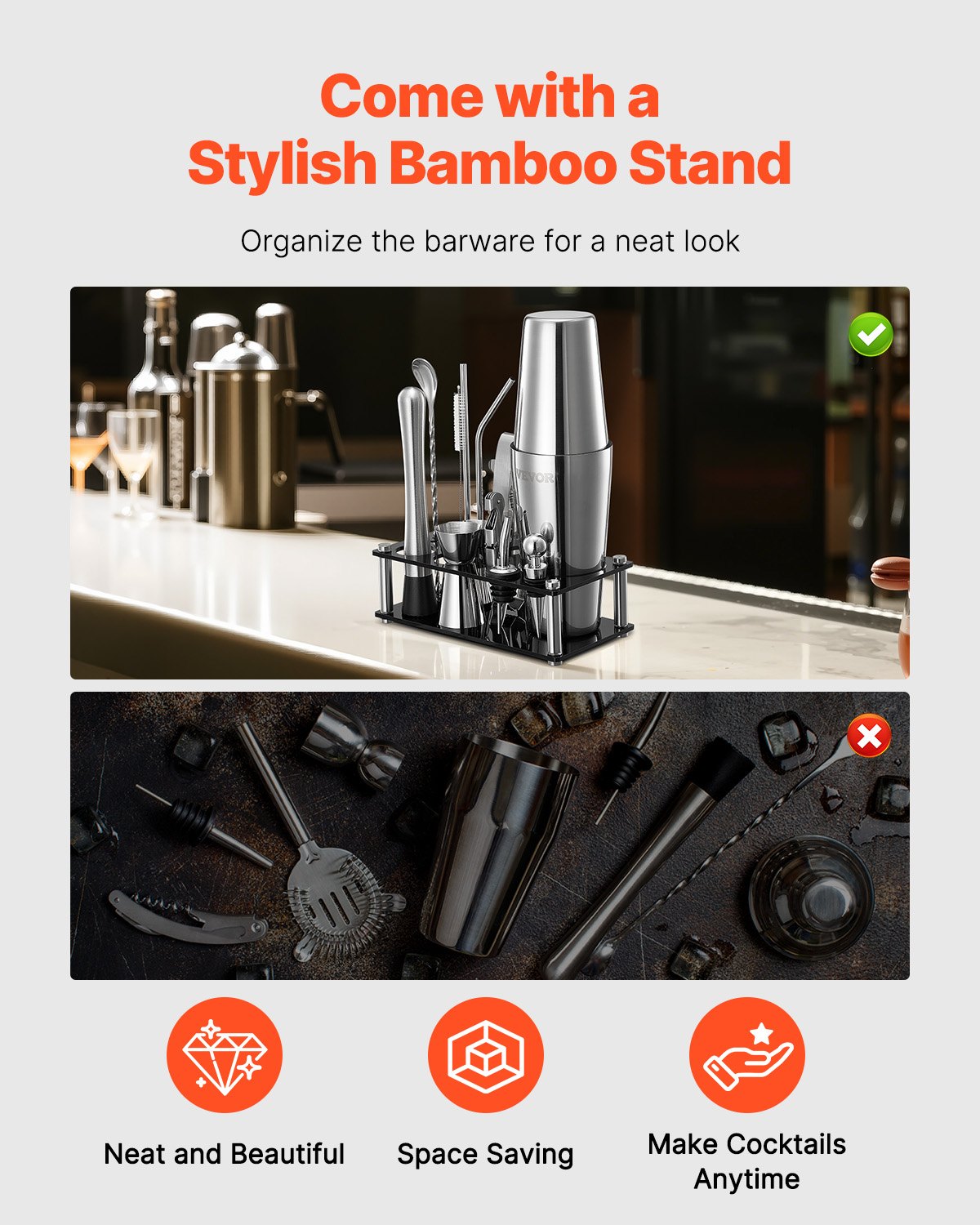 Cocktail Shaker Set, 14-Piece Stainless Steel Bar Tools with Acrylic Stand, Boston Bartender Kit Accessories | Mixer Spoon, Muddler, Jiggers, Strainer, Liquor Pourer, Ice Tong, Corkscrew, Silver