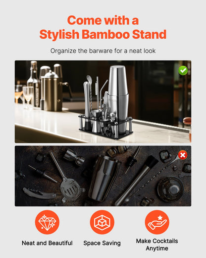 Cocktail Shaker Set, 14-Piece Stainless Steel Bar Tools with Acrylic Stand, Boston Bartender Kit Accessories | Mixer Spoon, Muddler, Jiggers, Strainer, Liquor Pourer, Ice Tong, Corkscrew, Silver