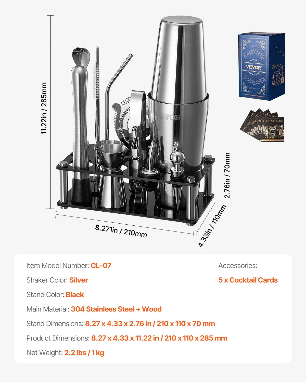 Cocktail Shaker Set, 14-Piece Stainless Steel Bar Tools with Acrylic Stand, Boston Bartender Kit Accessories | Mixer Spoon, Muddler, Jiggers, Strainer, Liquor Pourer, Ice Tong, Corkscrew, Silver