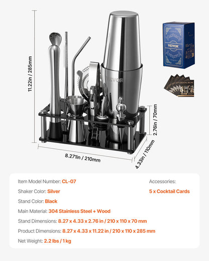 Cocktail Shaker Set, 14-Piece Stainless Steel Bar Tools with Acrylic Stand, Boston Bartender Kit Accessories | Mixer Spoon, Muddler, Jiggers, Strainer, Liquor Pourer, Ice Tong, Corkscrew, Silver