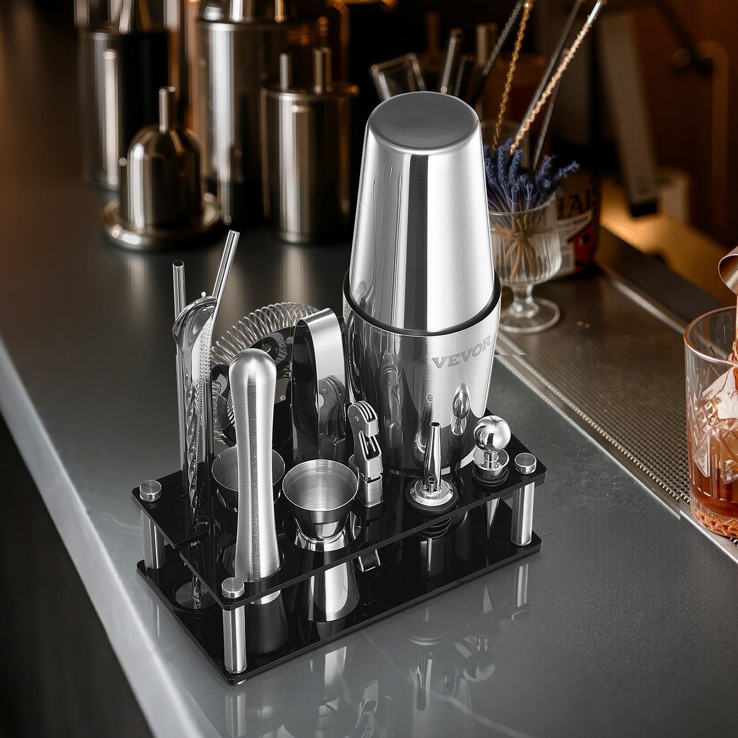 Cocktail Shaker Set, 14-Piece Stainless Steel Bar Tools with Acrylic Stand, Boston Bartender Kit Accessories | Mixer Spoon, Muddler, Jiggers, Strainer, Liquor Pourer, Ice Tong, Corkscrew, Silver
