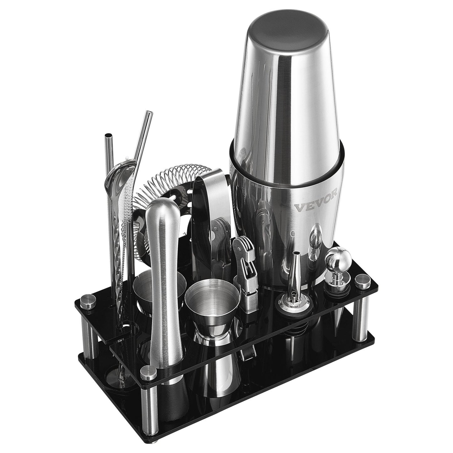 Cocktail Shaker Set, 14-Piece Stainless Steel Bar Tools with Acrylic Stand, Boston Bartender Kit Accessories | Mixer Spoon, Muddler, Jiggers, Strainer, Liquor Pourer, Ice Tong, Corkscrew, Silver
