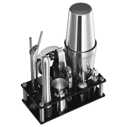 Cocktail Shaker Set, 14-Piece Stainless Steel Bar Tools with Acrylic Stand, Boston Bartender Kit Accessories | Mixer Spoon, Muddler, Jiggers, Strainer, Liquor Pourer, Ice Tong, Corkscrew, Silver