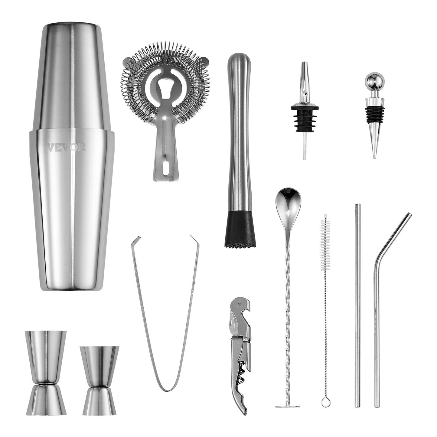 Cocktail Shaker Set, 14-Piece Stainless Steel Bar Tools with Acrylic Stand, Boston Bartender Kit Accessories | Mixer Spoon, Muddler, Jiggers, Strainer, Liquor Pourer, Ice Tong, Corkscrew, Silver