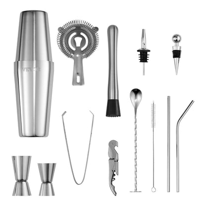 Cocktail Shaker Set, 14-Piece Stainless Steel Bar Tools with Acrylic Stand, Boston Bartender Kit Accessories | Mixer Spoon, Muddler, Jiggers, Strainer, Liquor Pourer, Ice Tong, Corkscrew, Silver