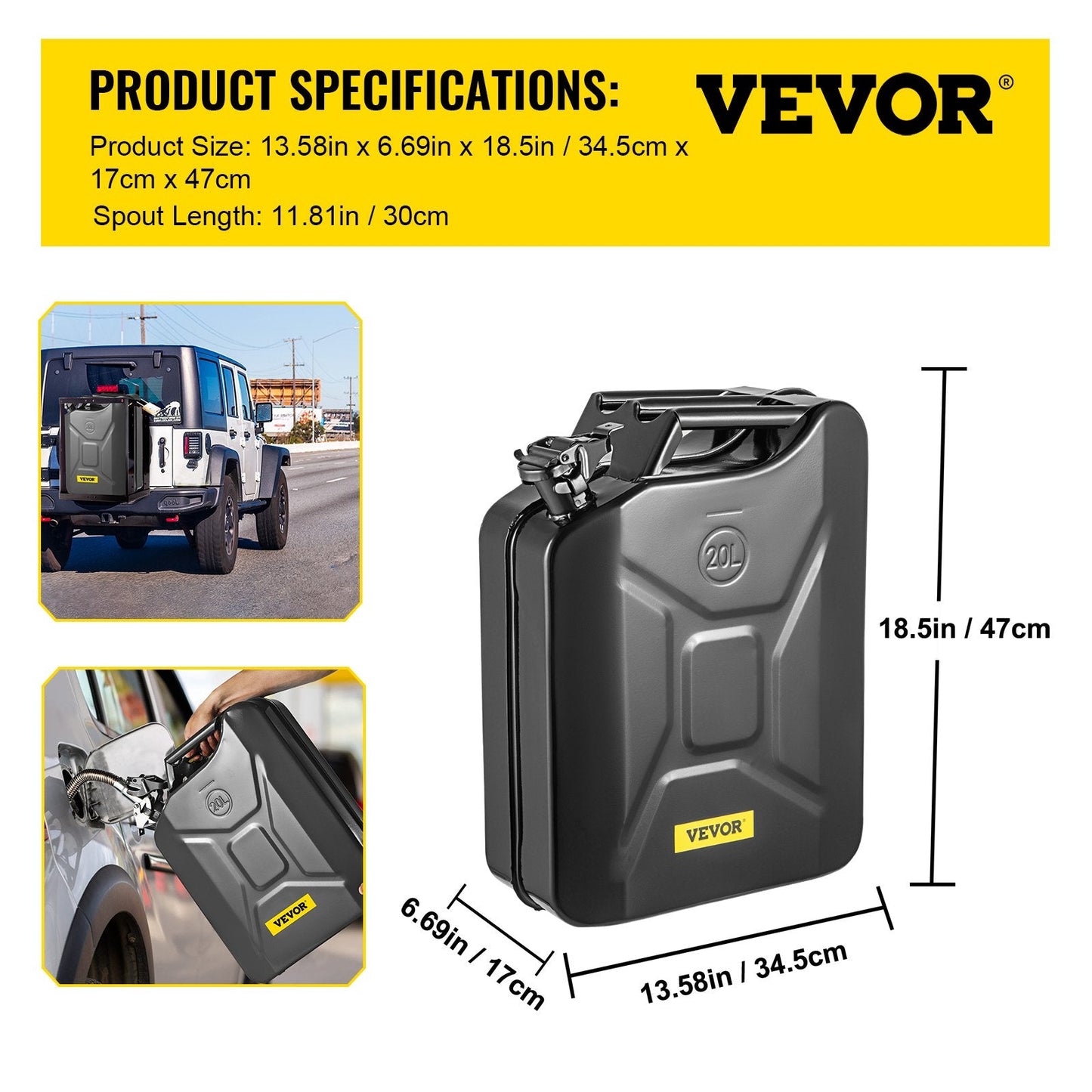 20L Portable Fuel Can with Flexible Spout, Rustproof Steel, Black