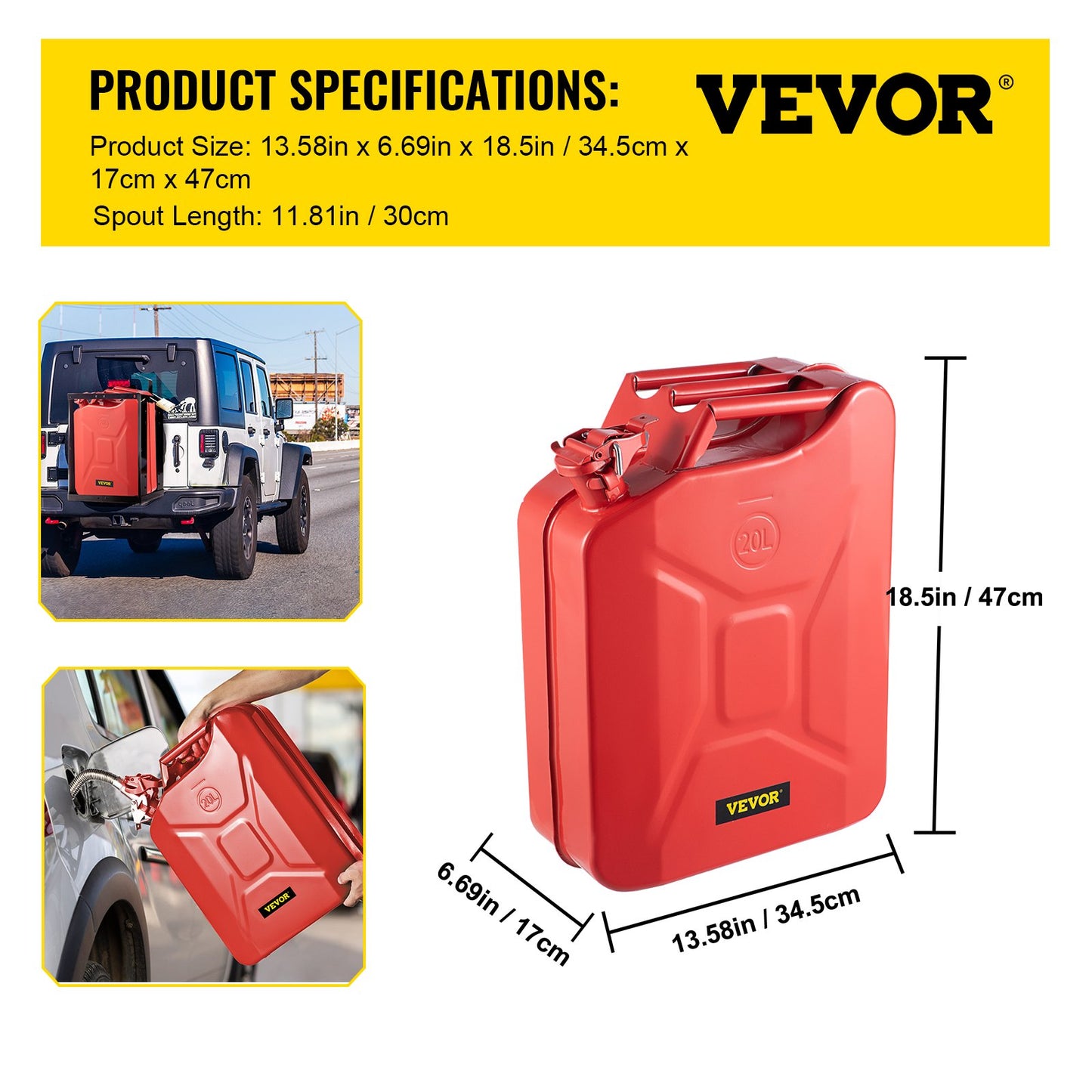 VEVOR Jerry Fuel Can, 20 L Portable Jerry Gas Can with Flexible Spout System, Rustproof