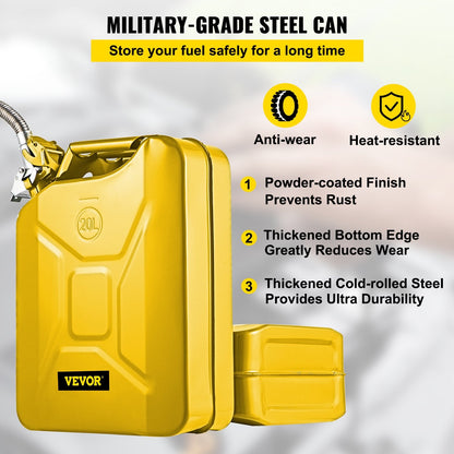 20L Yellow Steel Jerry Can with Flexible Spout - Rustproof & Heat-Resistant