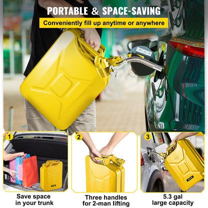 20L Yellow Steel Jerry Can with Flexible Spout - Rustproof & Heat-Resistant