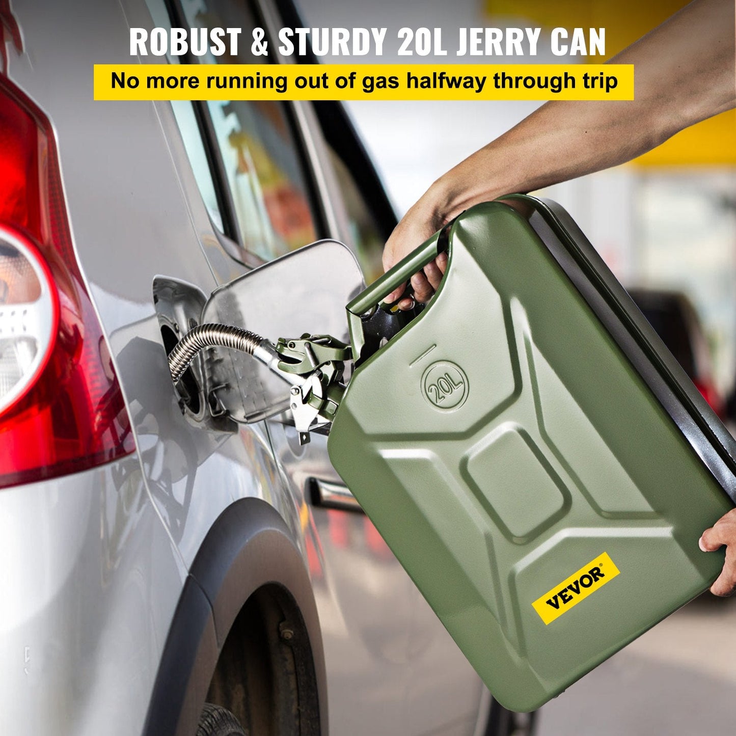 20L Military-Style Steel Fuel Can with Flexible Spout, Green, Set of 2