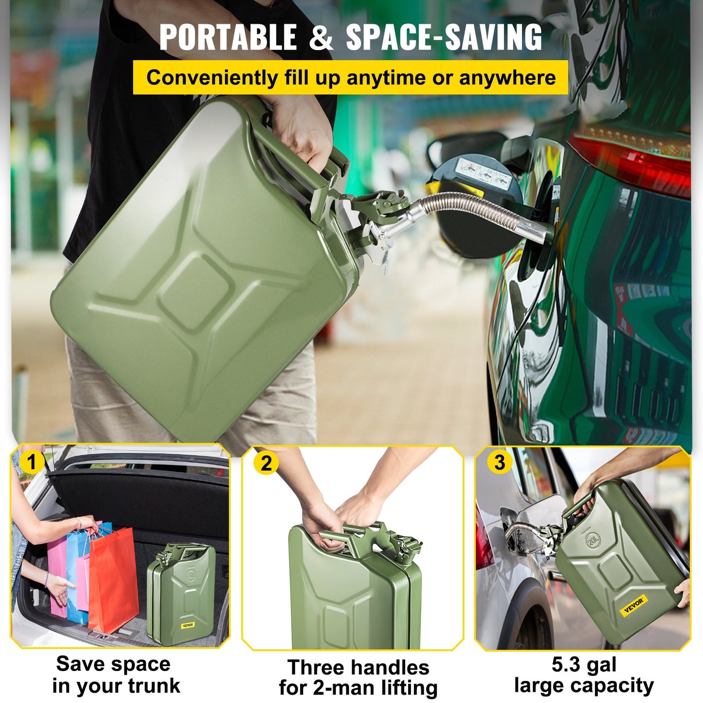 VEVOR Jerry Fuel Can, 20 L Portable Jerry Gas Can with Flexible Spout System, Rustproof