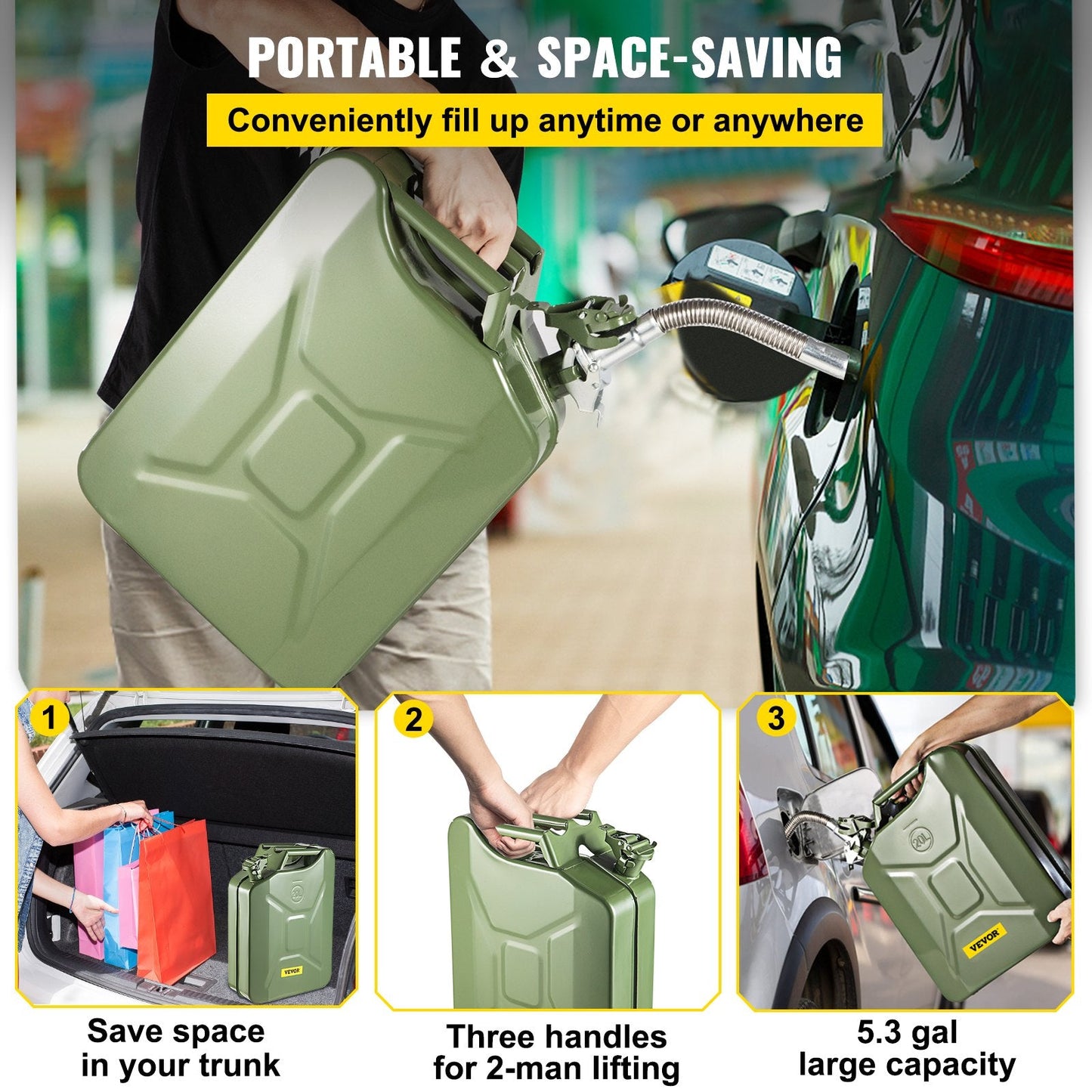 20L Military-Style Steel Fuel Can with Flexible Spout, Green, Set of 2