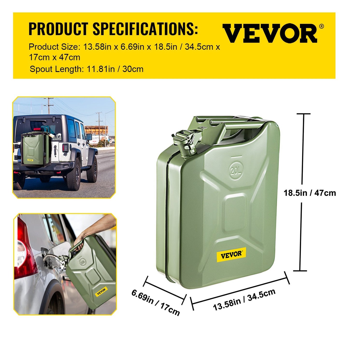 20L Military-Style Steel Fuel Can with Flexible Spout, Green, Set of 2