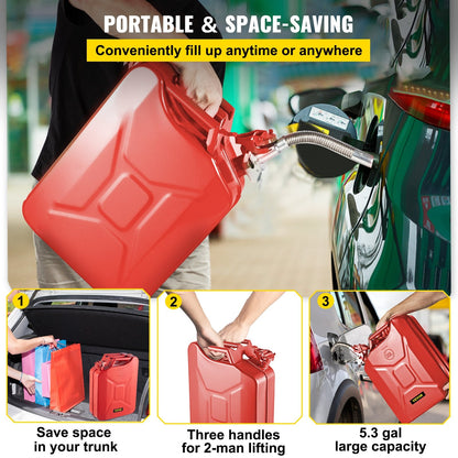 20L Rustproof Steel Jerry Cans with Flexible Spout, 2 Pack, Red, 8.4 kg Total