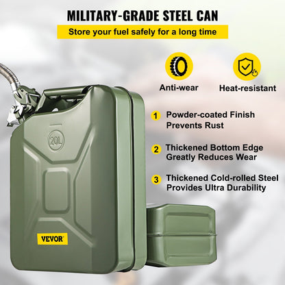 20L Green Steel Jerry Can with Flexible Spout - Rustproof & Heat-Resistant