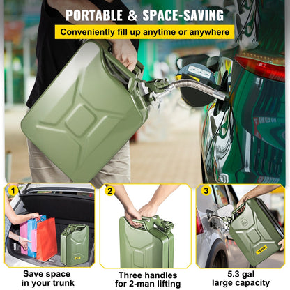 20L Green Steel Jerry Can with Flexible Spout - Rustproof & Heat-Resistant