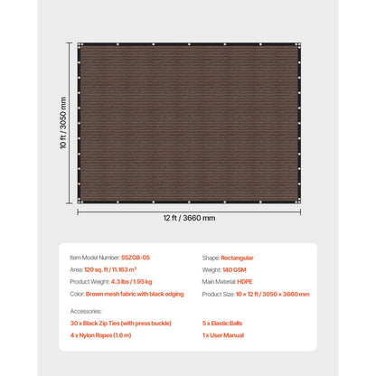VEVOR 90% Sun Shade Cloth Privacy Screen 305 x 366 cm for Patio Garden (Brown)