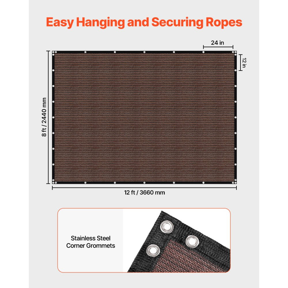 VEVOR 90% Sun Shade Cloth Privacy Screen 244 x 366 cm for Patio Garden (Brown)