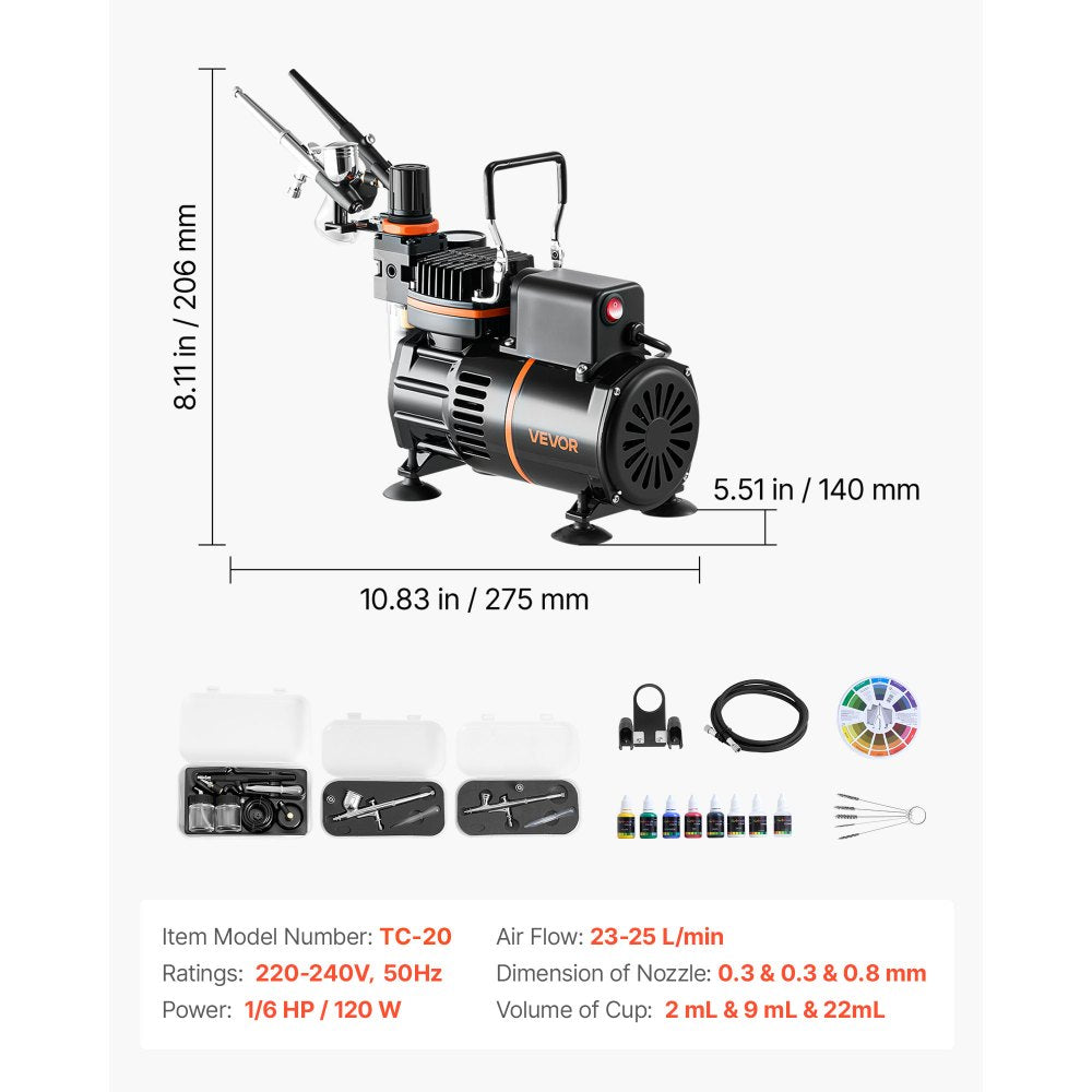 Airbrush Kit Air Brush Kit 1/6 HP Air Compressor 3 Airbrushes 3 Tips 2 Fan