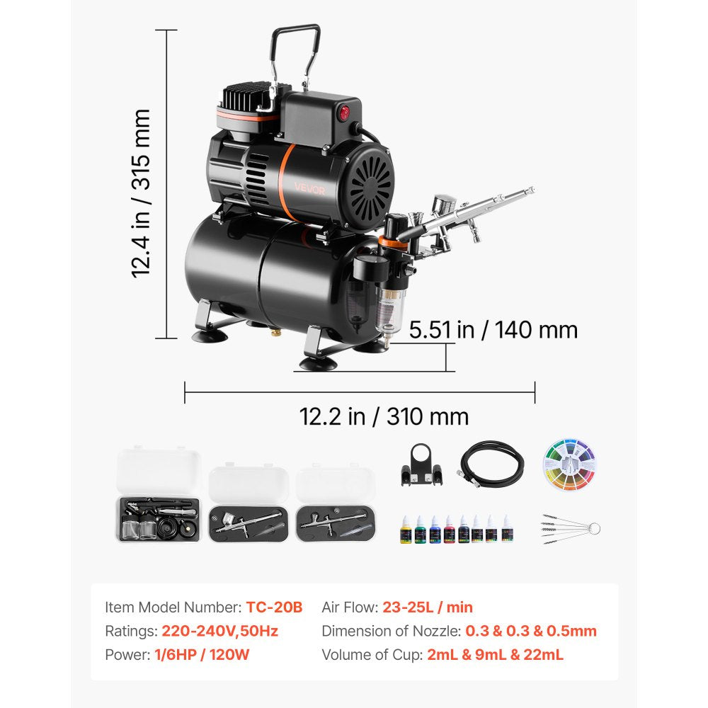 Airbrush Kit Air Brush Kit 1/6 HP Air Compressor 3 Airbrushes 3 Tips Tank