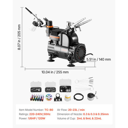 Airbrush Kit Air Brush Kit 1/6 HP Air Compressor 3 Airbrushes 3 Tips Paint