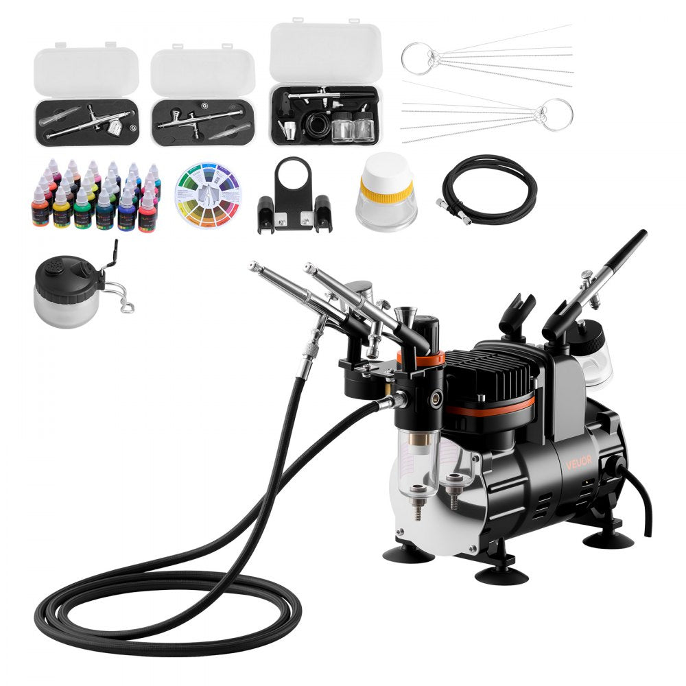 Airbrush Kit Air Brush Kit 1/6 HP Air Compressor 3 Airbrushes 3 Tips Paint