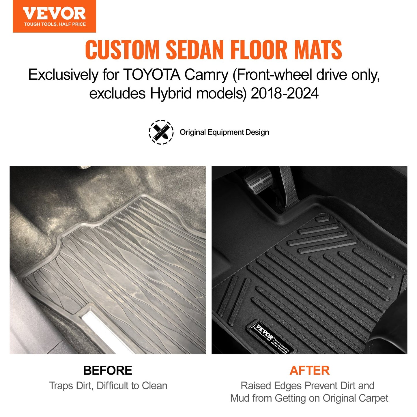 VEVOR Automotive Floor Mats Fits for Toyota Camry 2018-2024 3 pcs TPE Liners