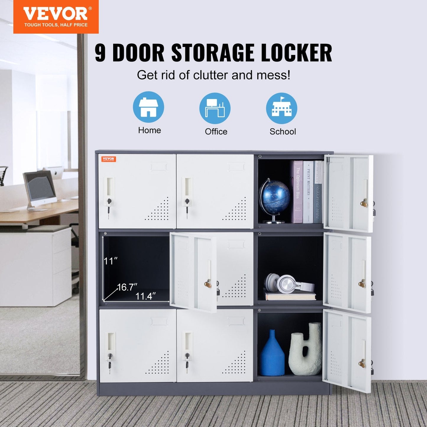 9-Door Steel Storage Cabinet for Office, Living Room, or Garage, Gray, 34 kg