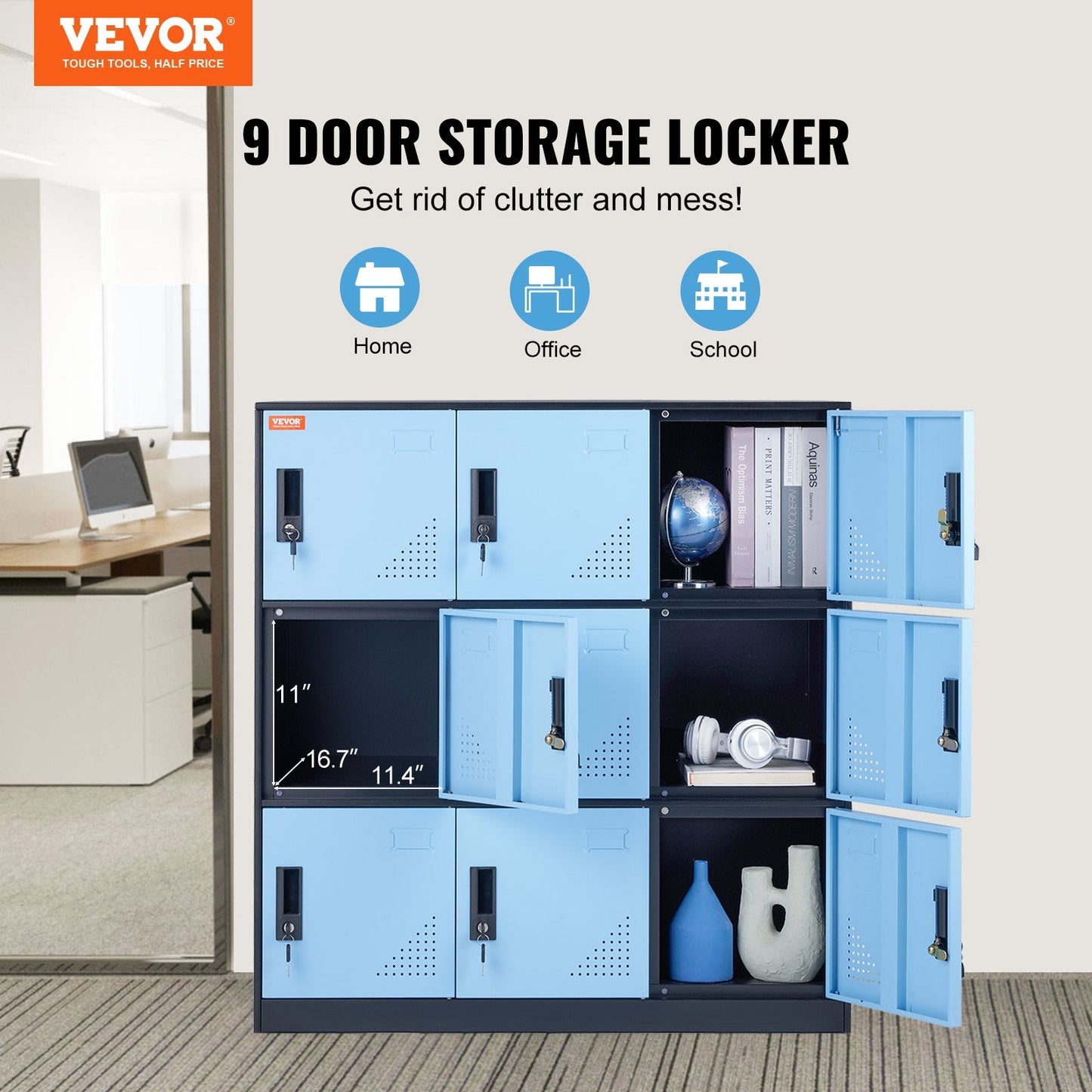 Black Steel 9-Door Storage Cabinet with Lock and Air Vent for Office or Garage