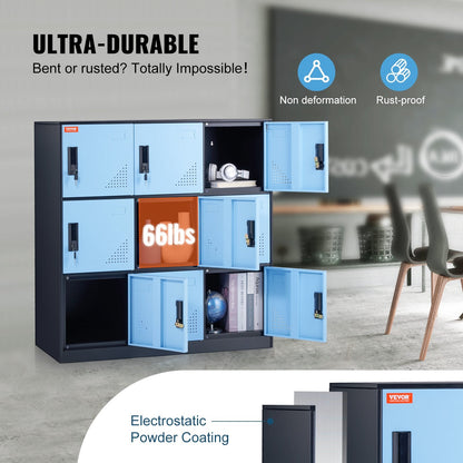 Black Steel 9-Door Storage Cabinet with Lock and Air Vent for Office or Garage