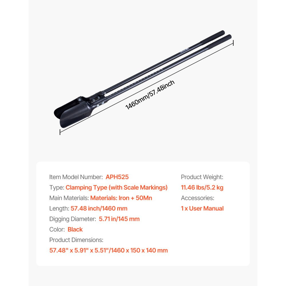 VEVOR Post Hole Digger with Carbon Steel Handle Scale Marks 1460mm Hole Digger