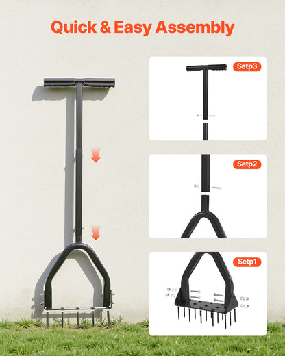 Lawn Aerator, 9.2 in Manual Core Aerator Tool with 15 Iron Spikes, Long Handle & Wide Plate, Heavy Duty Grass Aeration Tool, Yard Aerators for Compacted Hardened Soil Lawn Aeration