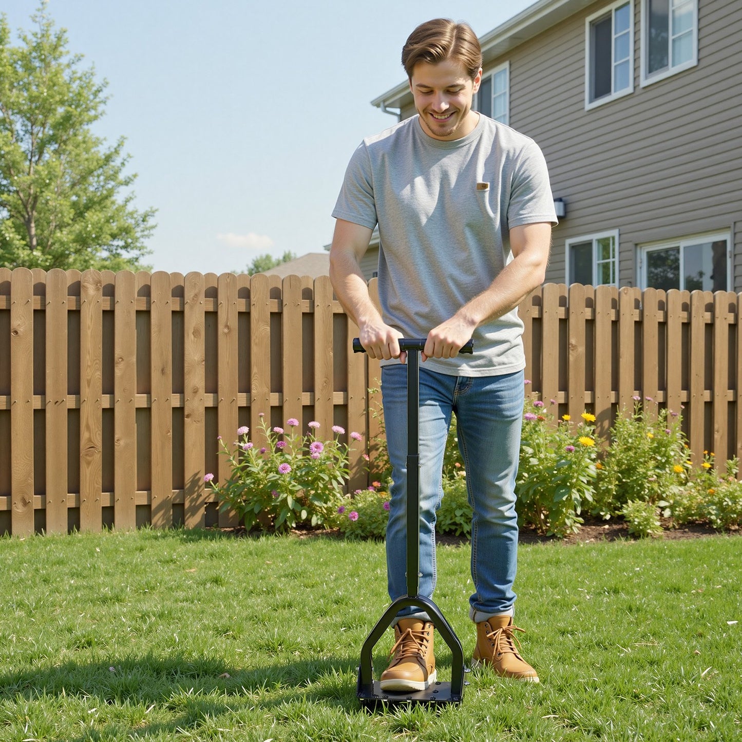 Lawn Aerator, 9.2 in Manual Core Aerator Tool with 15 Iron Spikes, Long Handle & Wide Plate, Heavy Duty Grass Aeration Tool, Yard Aerators for Compacted Hardened Soil Lawn Aeration