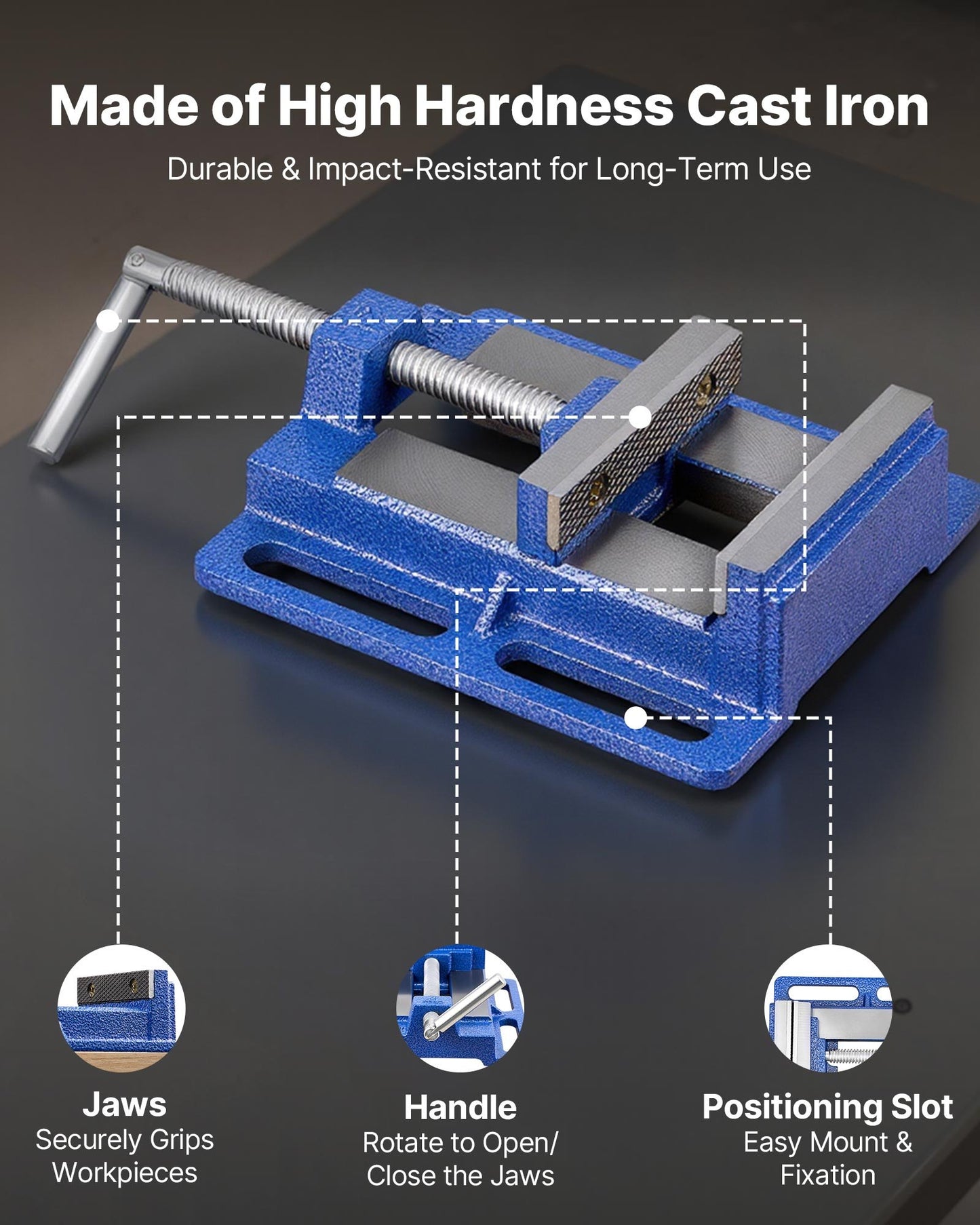 Drill Press Vise, 6 Inch Jaw Width, Portable Bench Vise, Slotted Base for Easy Installation, Durable Cast Iron Construction, Workbench Vice, for Woodworking, Metalworking, Drilling, and Cutting