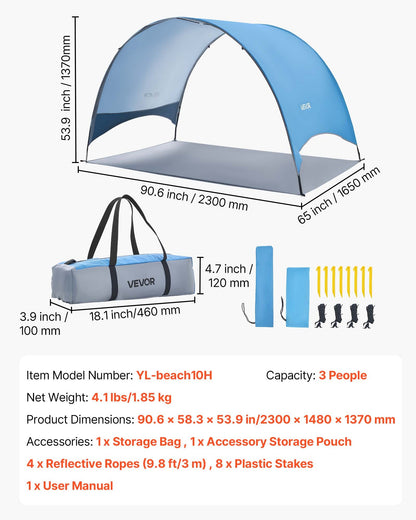Beach Tent Sun Shelter for 3 Person, UPF 50+ Protection, Portable Sun Shade Canopy with Carrying Bag & Ground Stakes, Lightweight and Easy Setup Beach Umbrella for Camping Fishing Outdoor Picnic