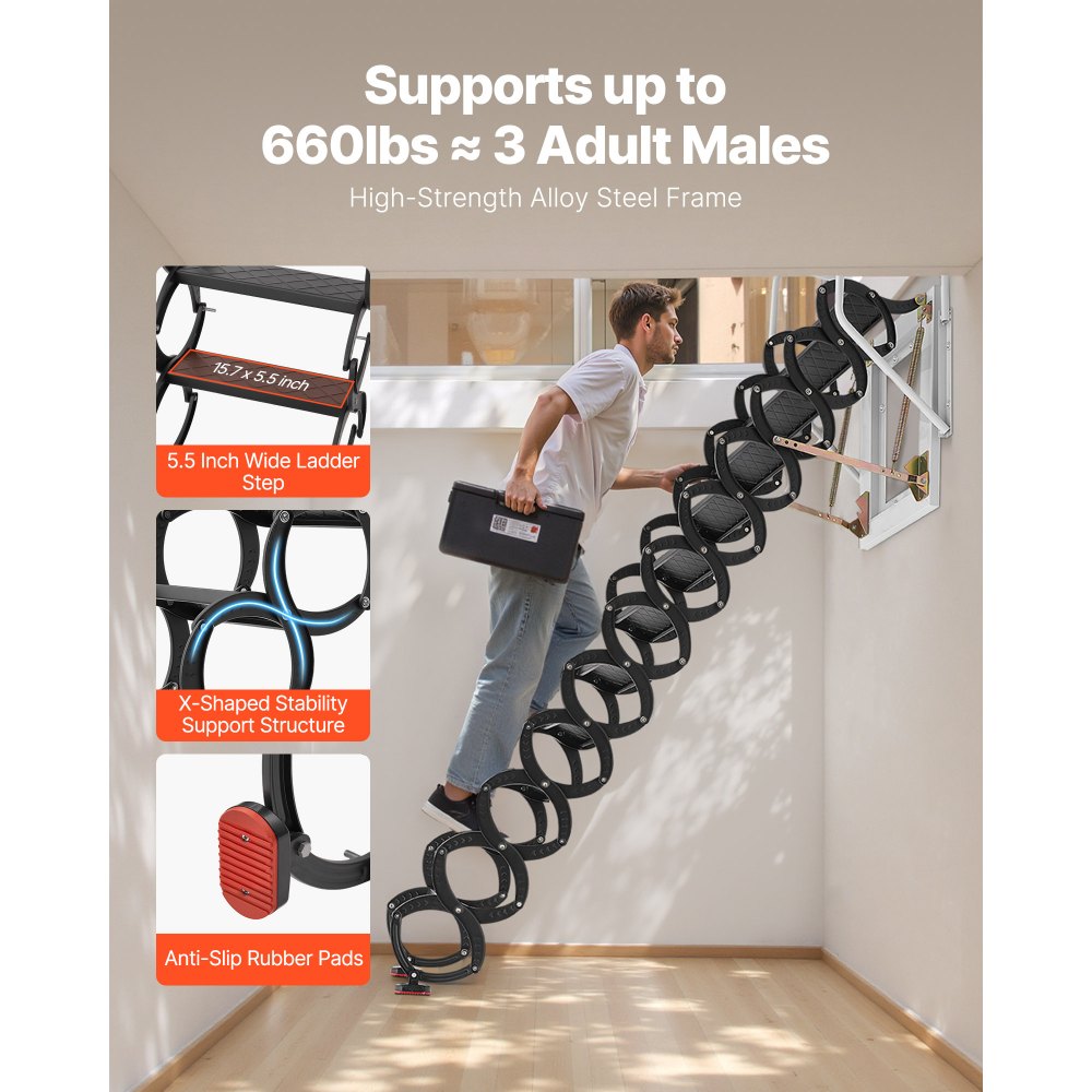 VEVOR Attic Ladder Wall-Mounted 660LBS/299.4KG Capacity for 9.5-10 ft Ceilings