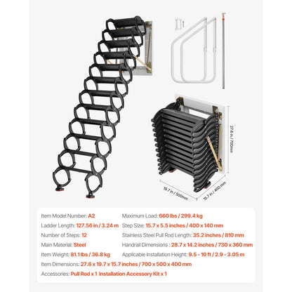 VEVOR Attic Ladder Wall-Mounted 660LBS/299.4KG Capacity for 9.5-10 ft Ceilings