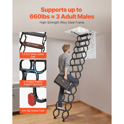 VEVOR Steel Attic Ladder Ceiling-Mounted Attic Stairs for 8.5-9.4 ft Ceilings