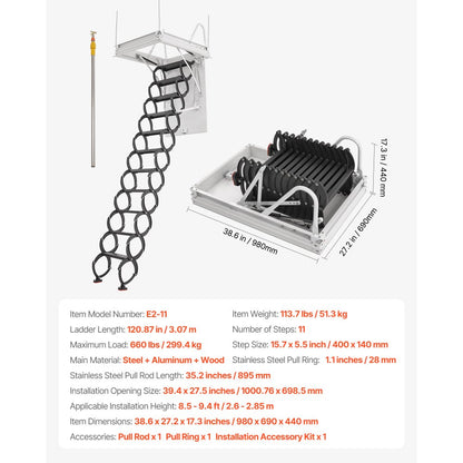 VEVOR Steel Attic Ladder Ceiling-Mounted Attic Stairs for 8.5-9.4 ft Ceilings