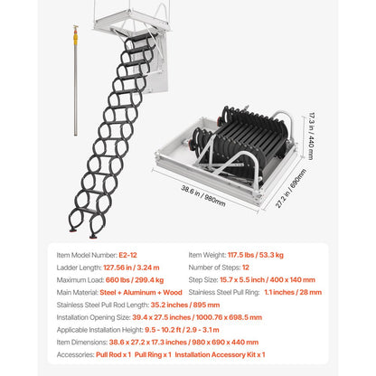 VEVOR Steel Attic Ladder Ceiling-Mounted Attic Stairs for 9.5-10.2 ft Ceilings