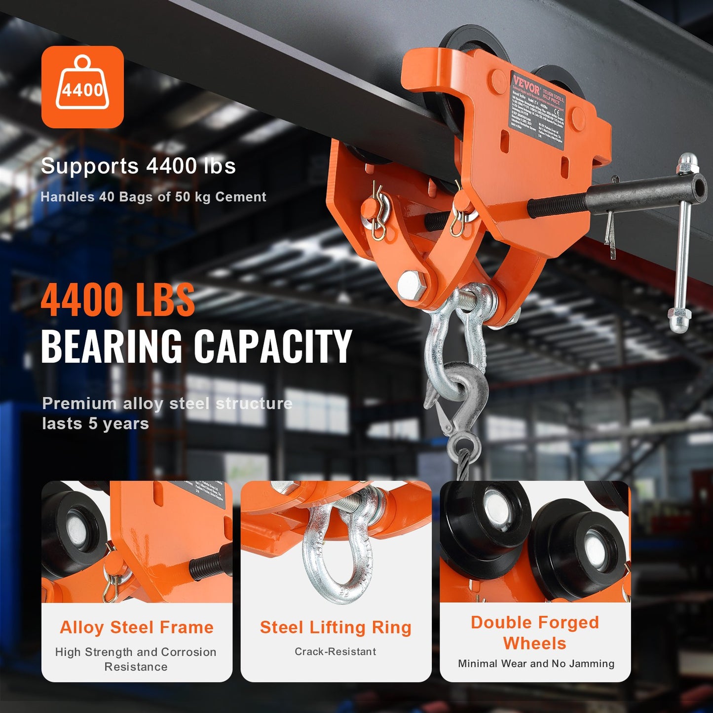 VEVOR Manual Trolley, 2 Ton Load Capacity, Push Beam Trolley with Dual Wheels, Adjustable
