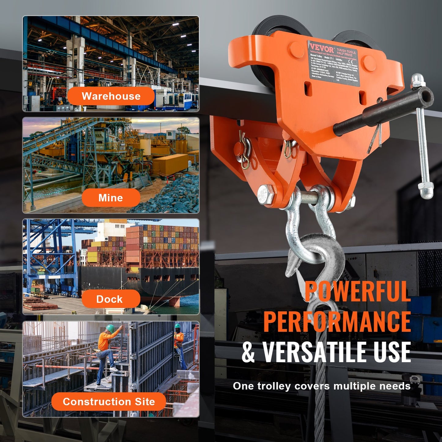 VEVOR Manual Trolley, 2 Ton Load Capacity, Push Beam Trolley with Dual Wheels, Adjustable