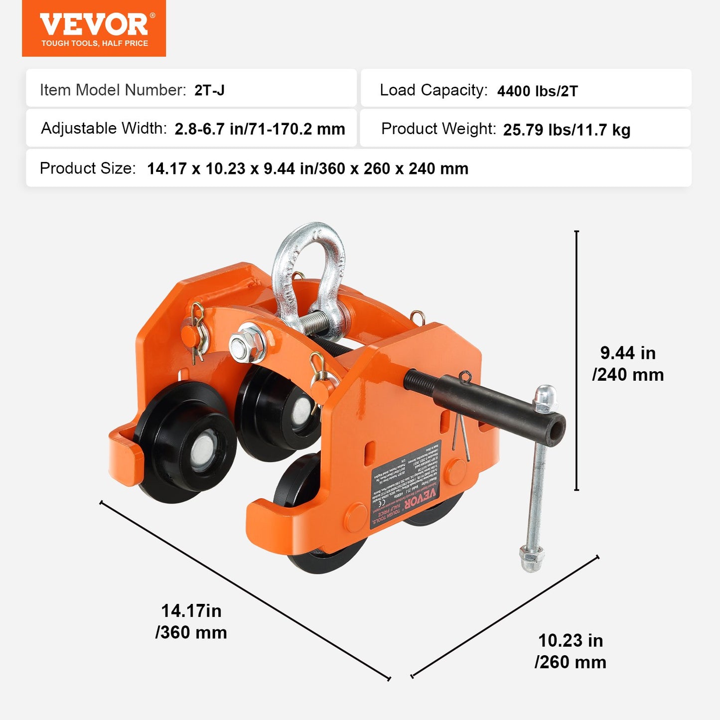 VEVOR Manual Trolley, 2 Ton Load Capacity, Push Beam Trolley with Dual Wheels, Adjustable