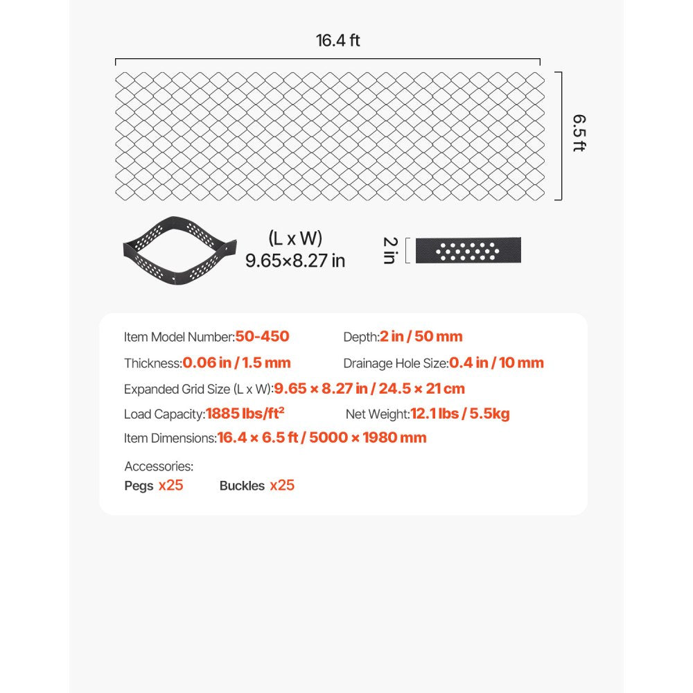 Ground Grid 2-Inch Depth Geocell Grid 16.4x6.5FT / 5000x1980mm for Gravel