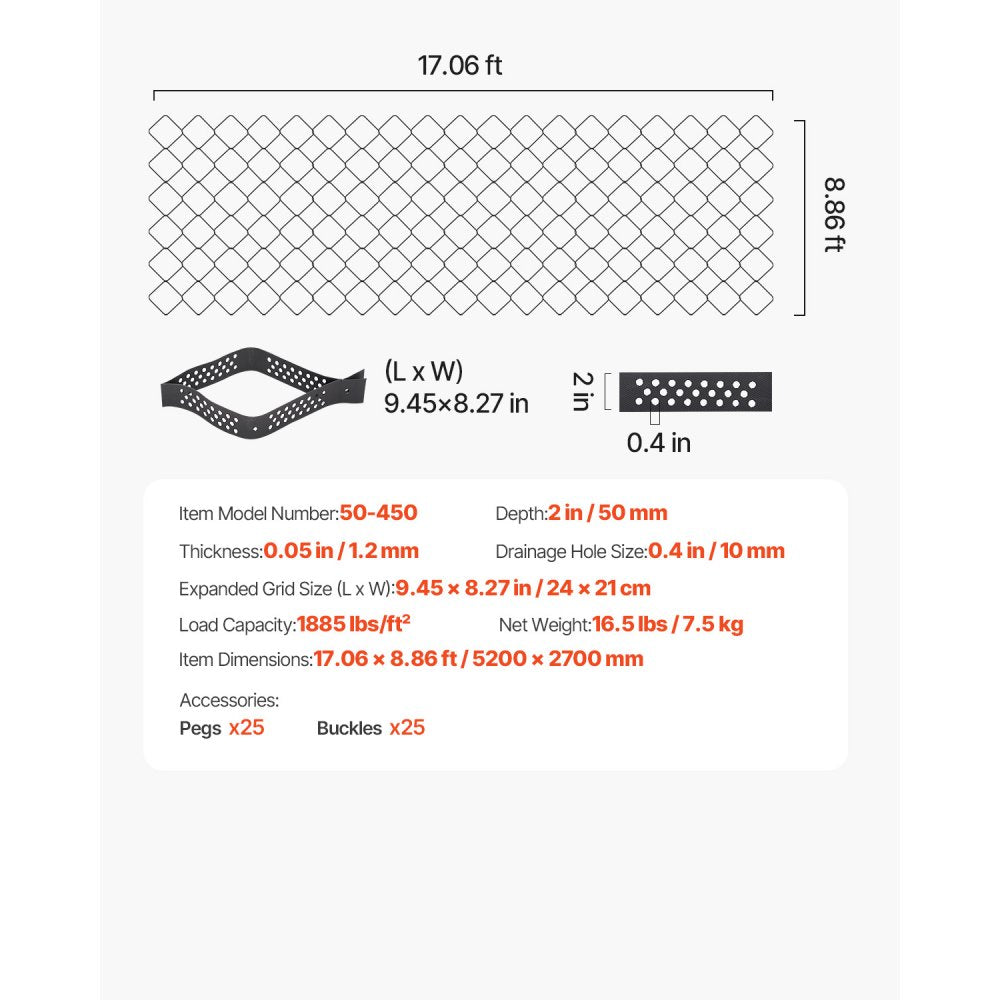 VEVOR Ground Grid 2-Inch Deep Geocell Grid 17.06x8.86FT / 5200x2700mm for Gravel