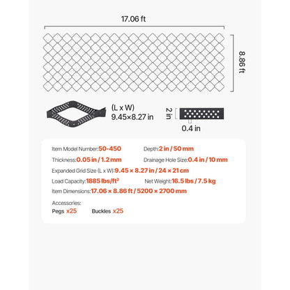 VEVOR Ground Grid 2-Inch Deep Geocell Grid 17.06x8.86FT / 5200x2700mm for Gravel