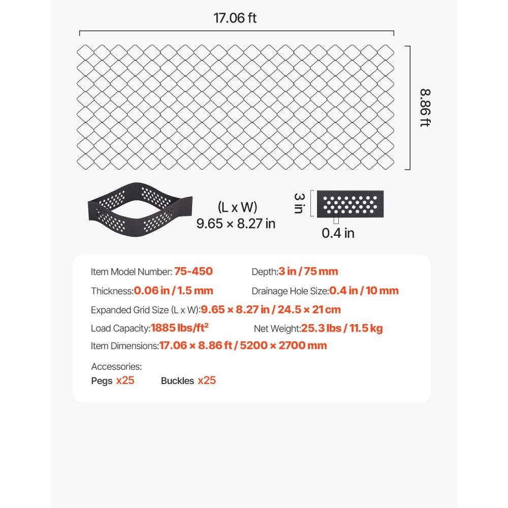 VEVOR Ground Grid 3-Inch Deep Geocell Grid 17.06x8.86FT / 5200x2700mm for Gravel